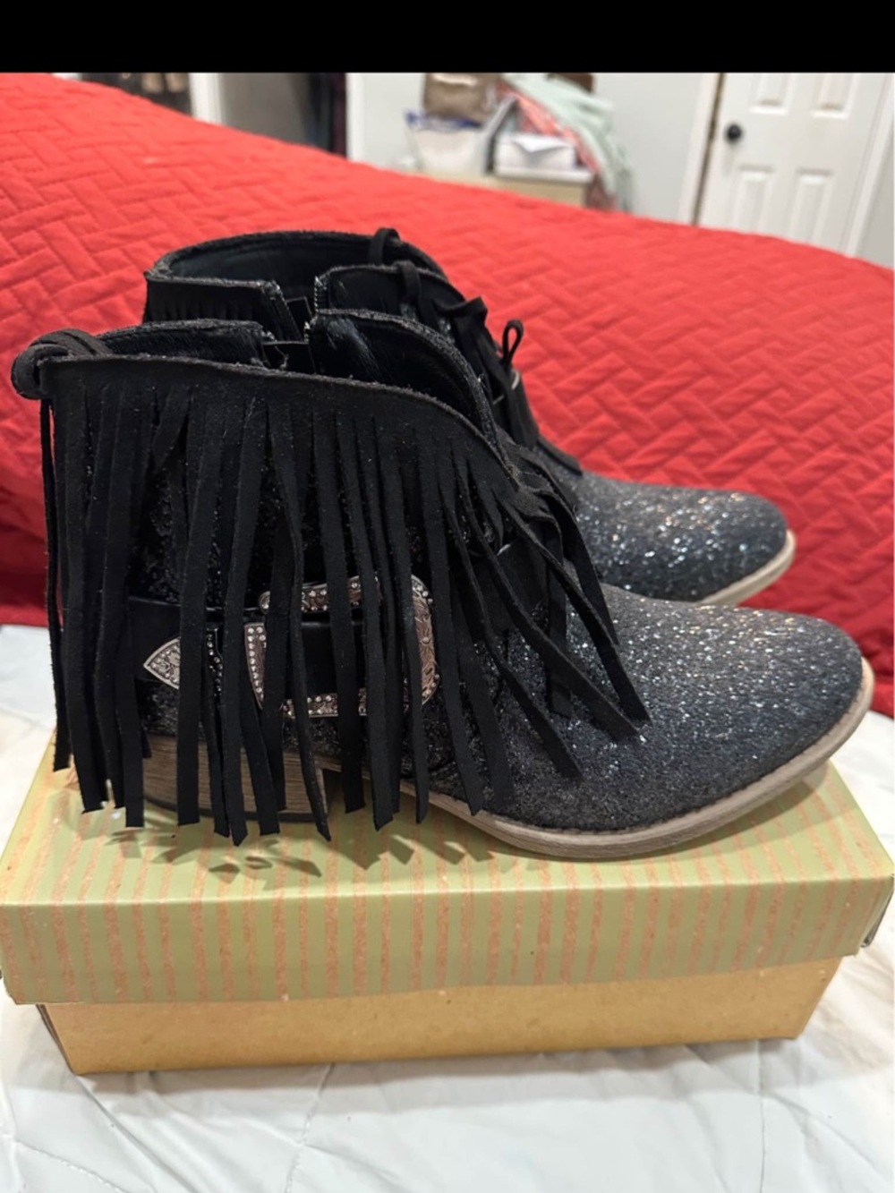 Black Glitter Fringe Ankle Boots - Women's Fashion Booties size 10 NEW!
